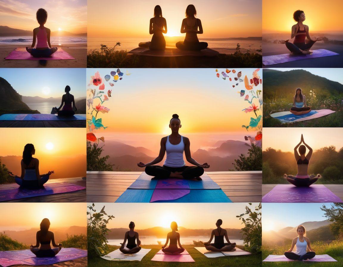 A collage of diverse individuals sharing their survival stories, radiating positivity and hope, surrounded by symbols of wellness like yoga mats, healthy food, and nature. The background features a sunrise to signify new beginnings, with gentle rays illuminating their smiles. Emphasize inclusivity with various ages and ethnicities, creating an uplifting atmosphere. vibrant colors. super-realistic.