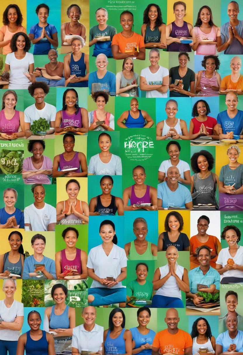 A collage of diverse cancer warriors smiling with hope, showcasing innovative therapies such as medical devices and herbal remedies around them. Include symbols of wellness like yoga mats, green smoothies, and books with survivor stories. The background should be uplifting with a glowing sunrise to symbolize a healthier tomorrow. vibrant colors. clear focus. super-realistic.