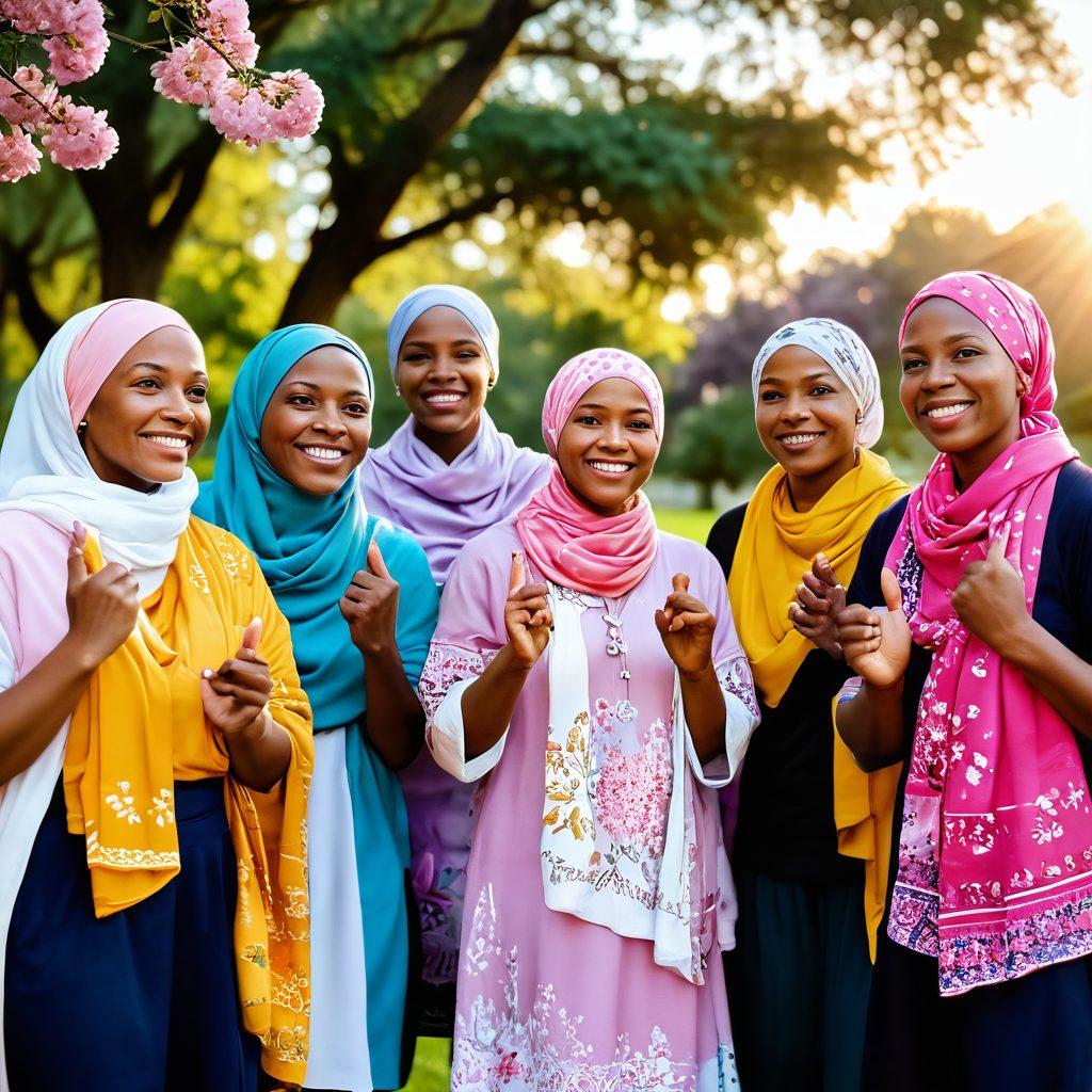 A radiant sunrise symbolizing hope, with a diverse group of cancer warriors sharing stories in a serene park setting, each warrior wearing colorful headscarves and supportive gestures, surrounded by blooming flowers representing resilience and community. super-realistic. vibrant colors. soft focus.